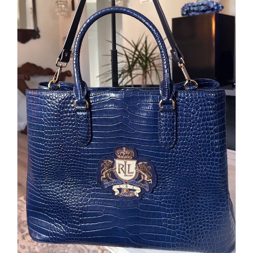 Lauren Ralph Lauren Crest-Patch Large Marcy Satchel Croc Navy Blue